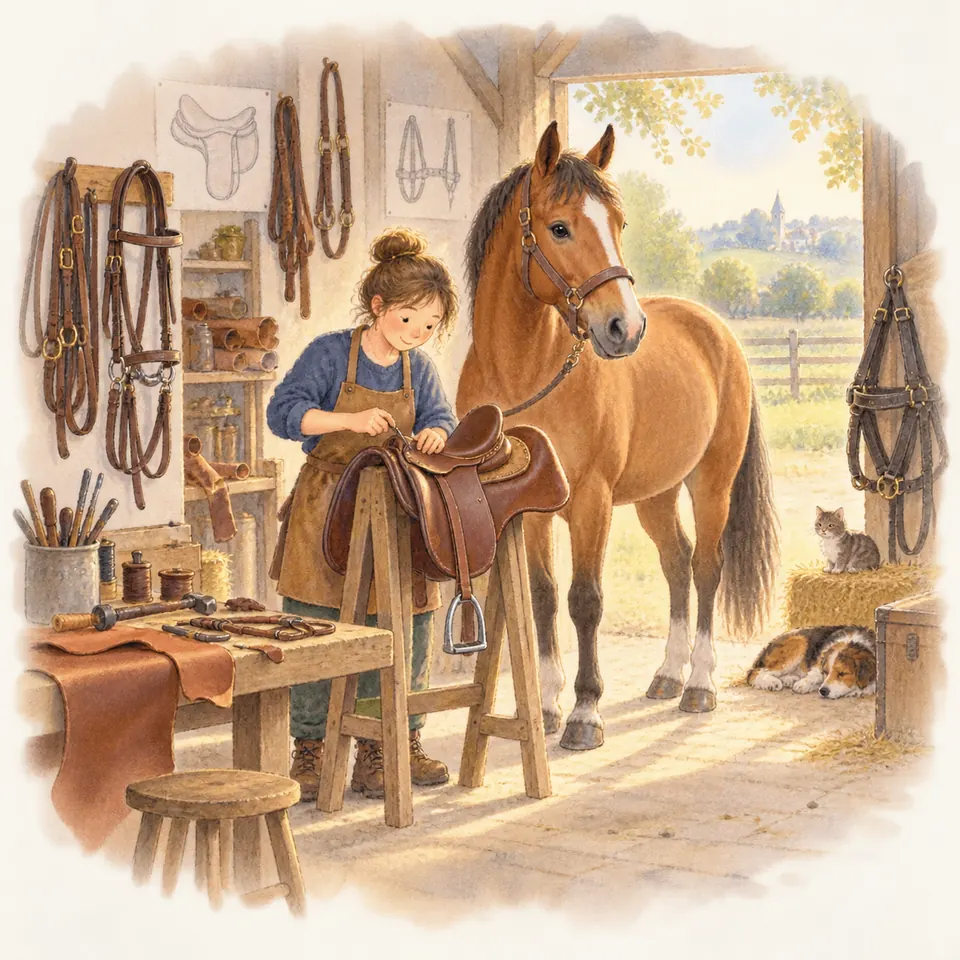Une sellière travaille sur une selle en cuir posée sur un support dans son atelier, à côté d’un cheval bai