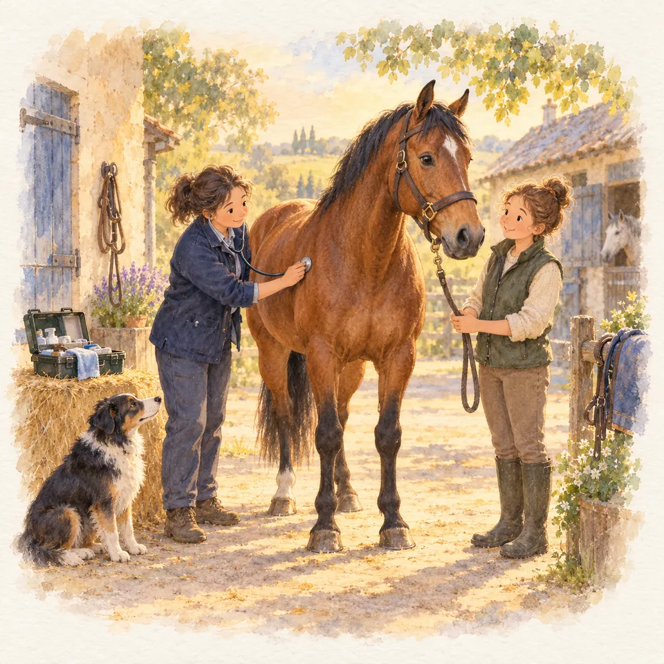 Une vétérinaire ausculte un cheval bai au stéthoscope dans une cour d’écurie, tandis qu’une femme tient sa longe