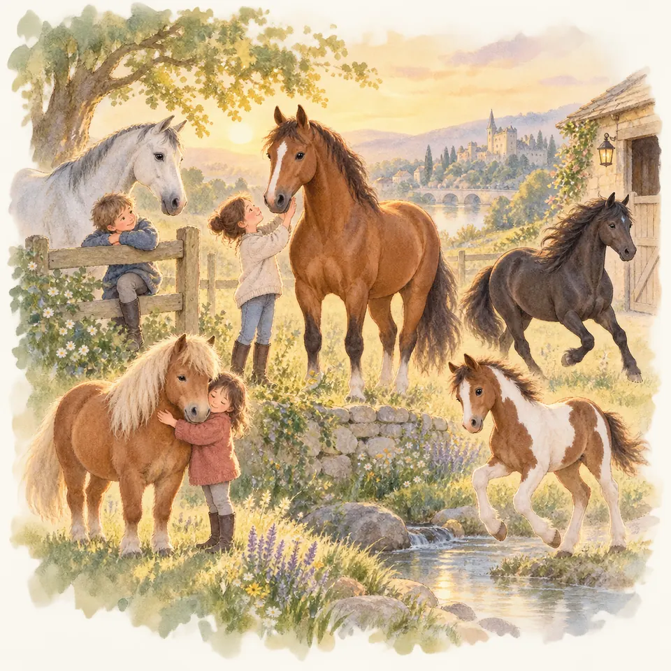 Des enfants caressent un cheval bai et un poney alezan près d’une clôture, tandis qu’un poney pie traverse le ruisseau