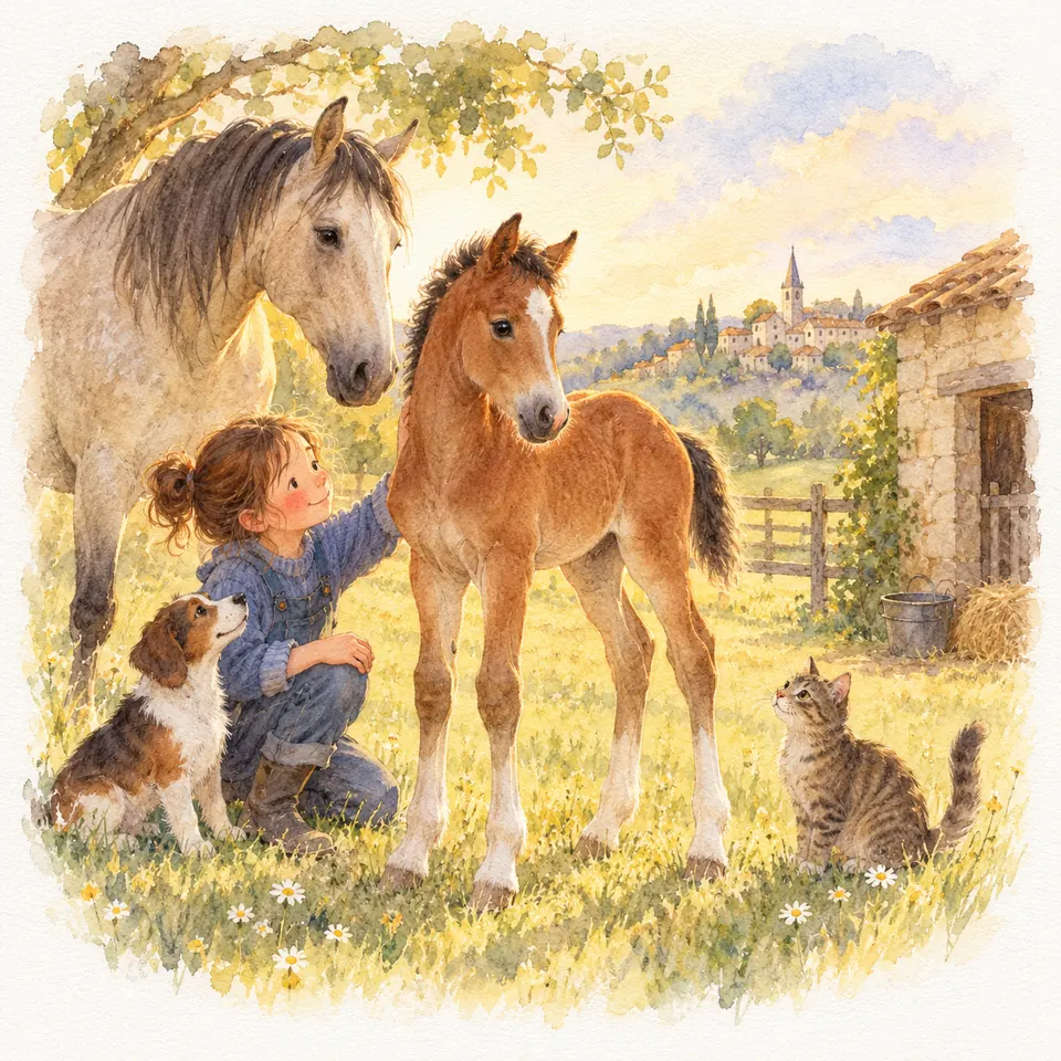 Une enfant accroupie caresse l’encolure d’un poulain alezan près d’un cheval gris, avec un chien et un chat dans le pré