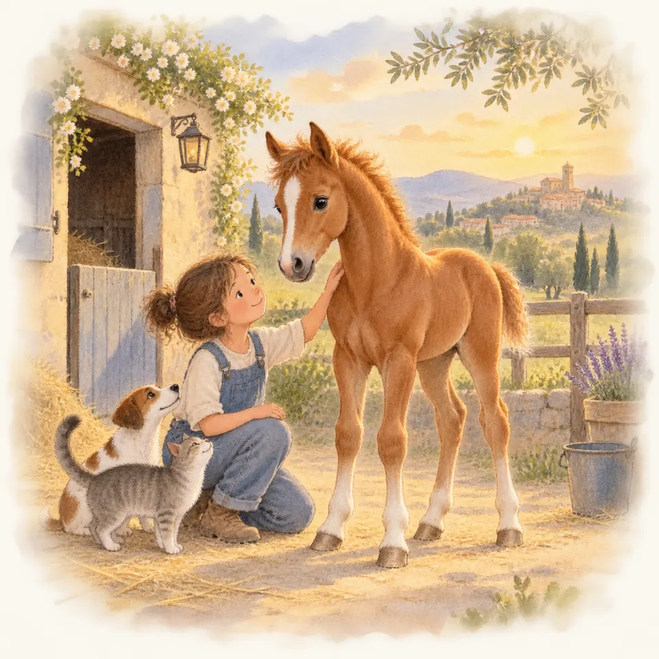 Une enfant en salopette caresse un poulain alezan devant une écurie, avec un chien et un chat à ses pieds
