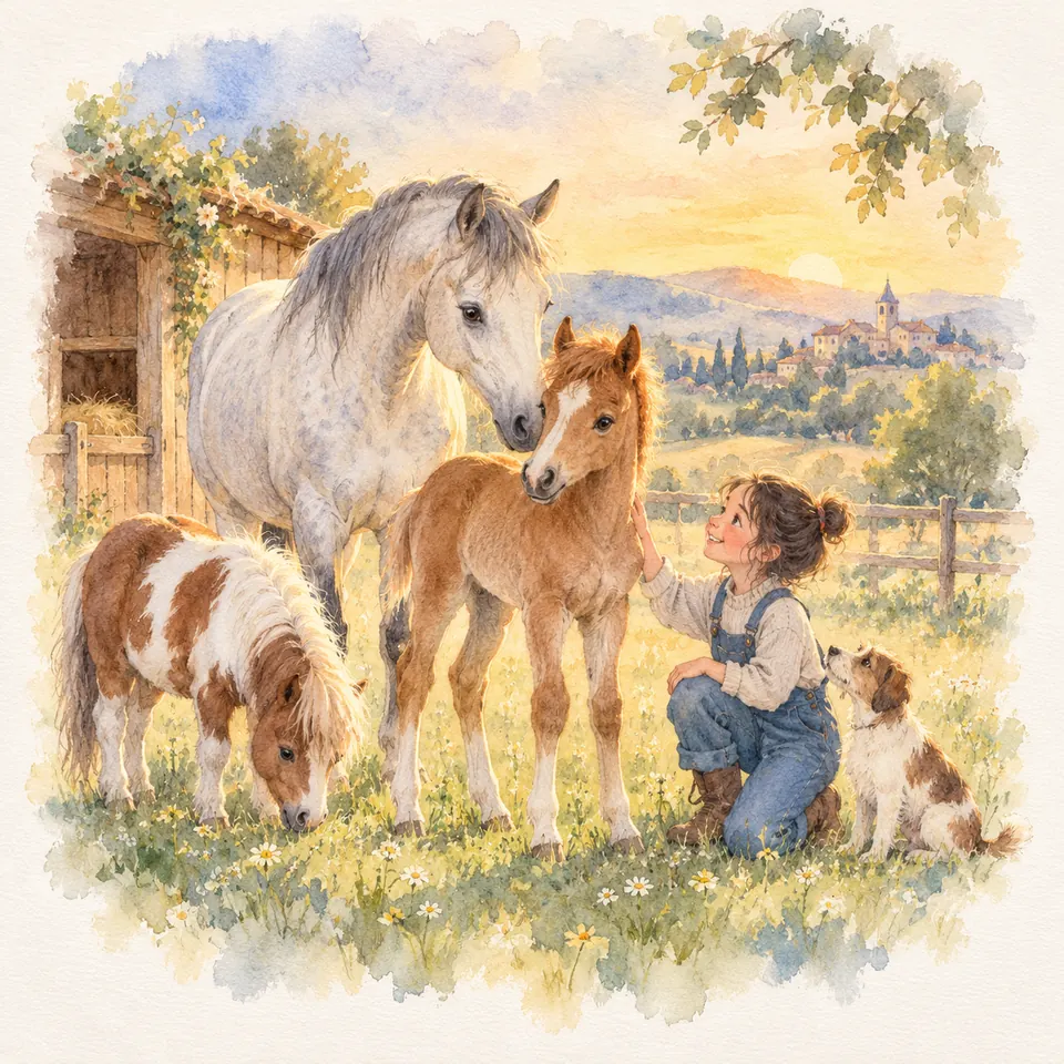 Une enfant agenouillée caresse un poulain alezan près d’un cheval gris et d’un poney pie qui broute dans le pré