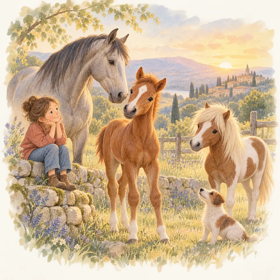 Une enfant assise sur un muret regarde un poulain alezan, près d’un cheval gris, d’un poney pie et d’un chien