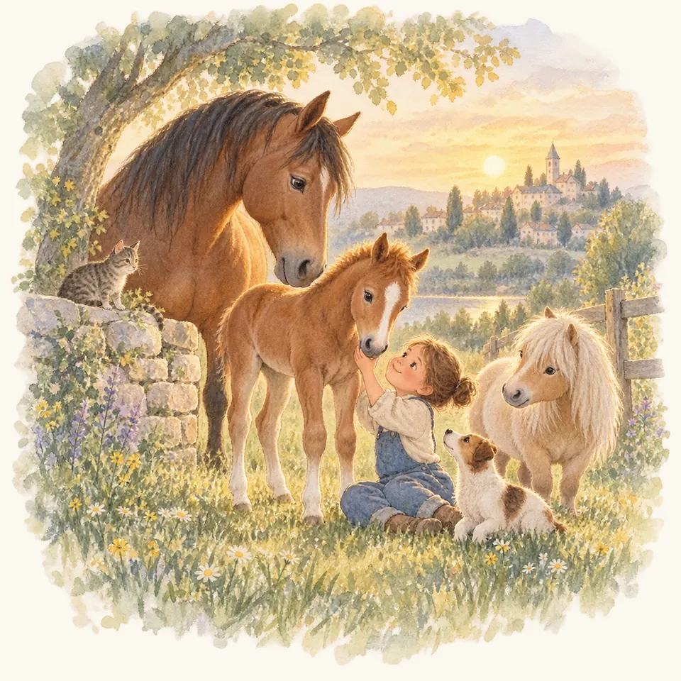 Un enfant assis dans l’herbe caresse un poulain alezan près d’un cheval bai, d’un poney palomino et d’un chien