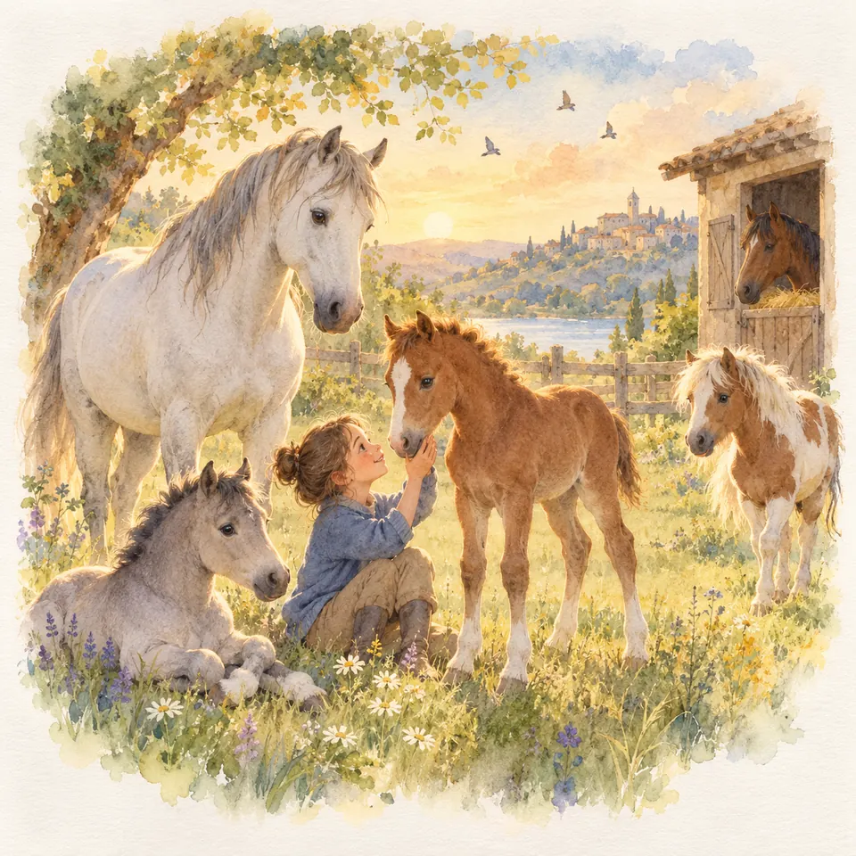 Un enfant caresse le museau d’un poulain alezan dans un pré, entouré d’un cheval gris et de deux poneys