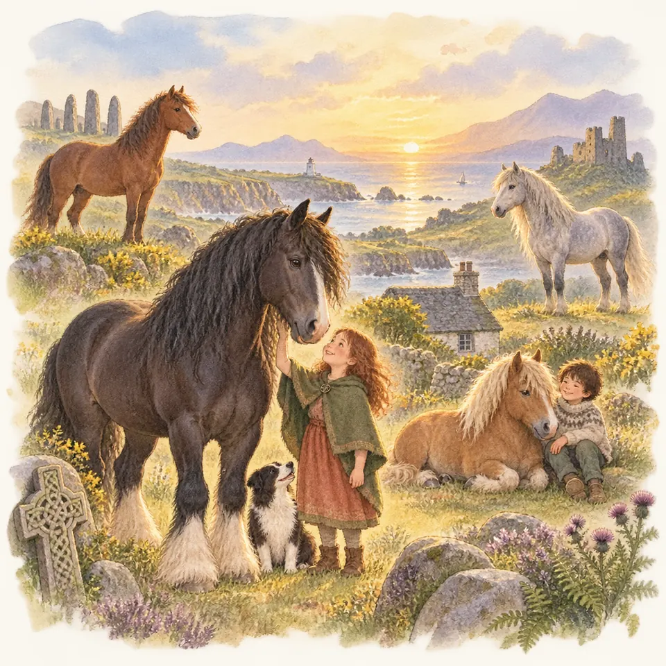 Une enfant caresse un cheval noir aux pieds garnis de fanons, près d’une croix celtique et d’un poney couché