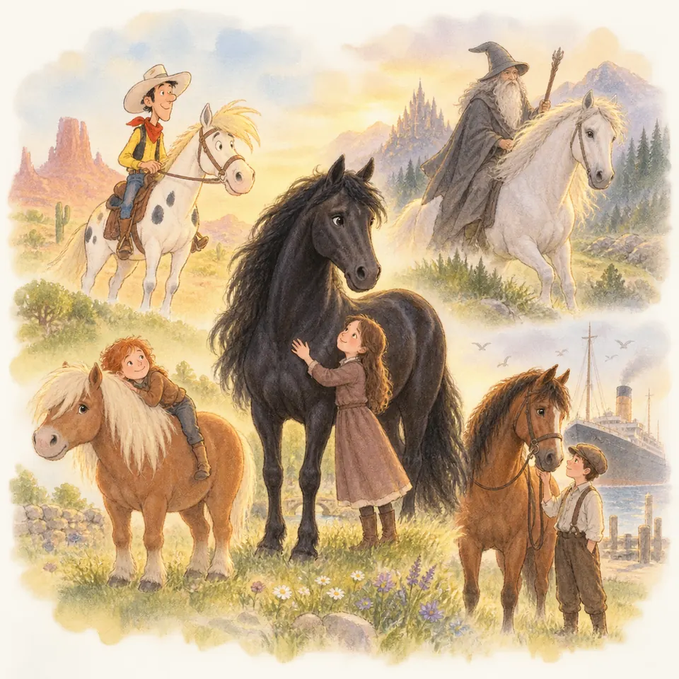 Une enfant caresse un cheval noir, entouré d’un poney monté, d’un cheval pie et d’un cheval gris portant un magicien
