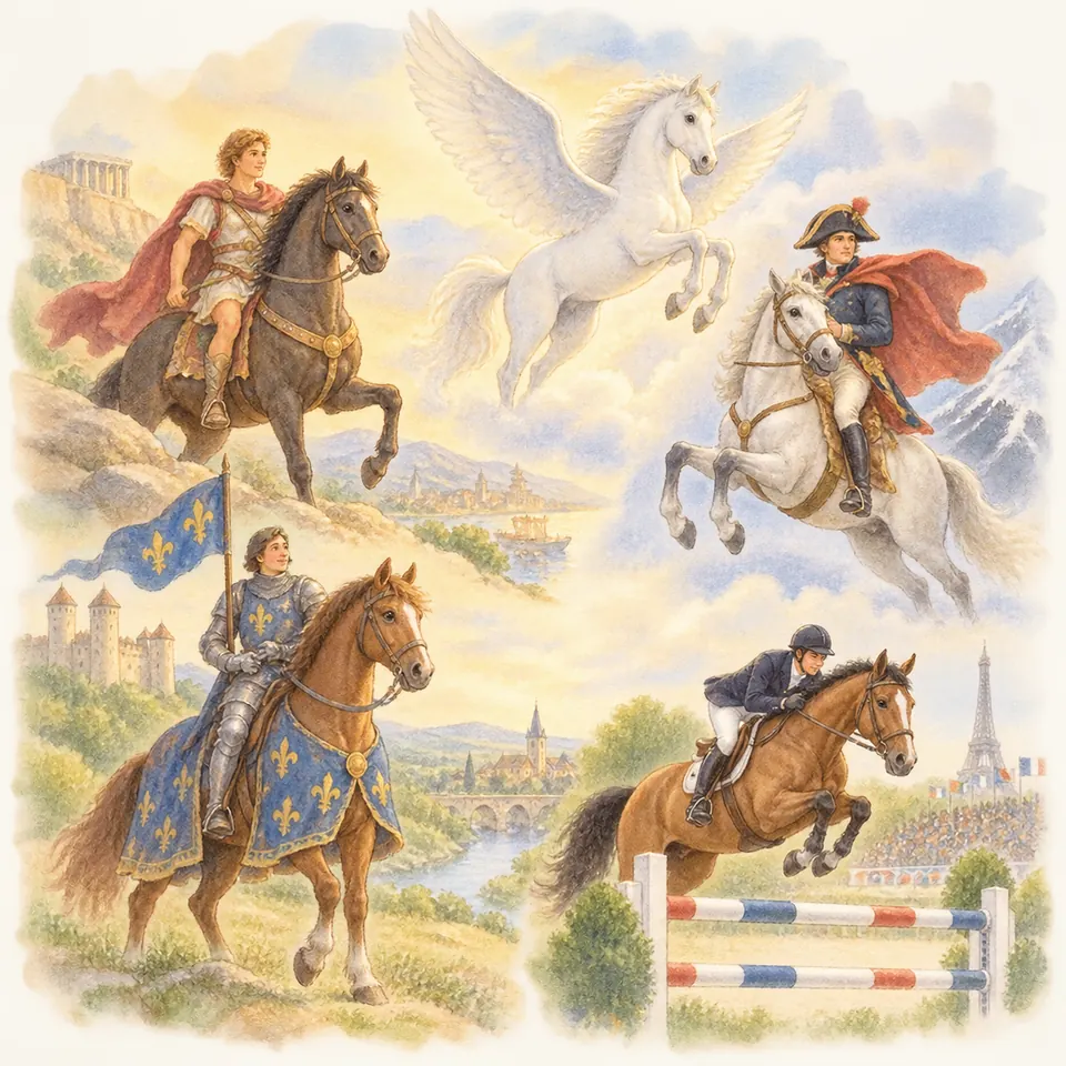 Des cavaliers en armure ou en uniforme montent des chevaux, près d’un cheval blanc ailé et d’un bai sautant un obstacle