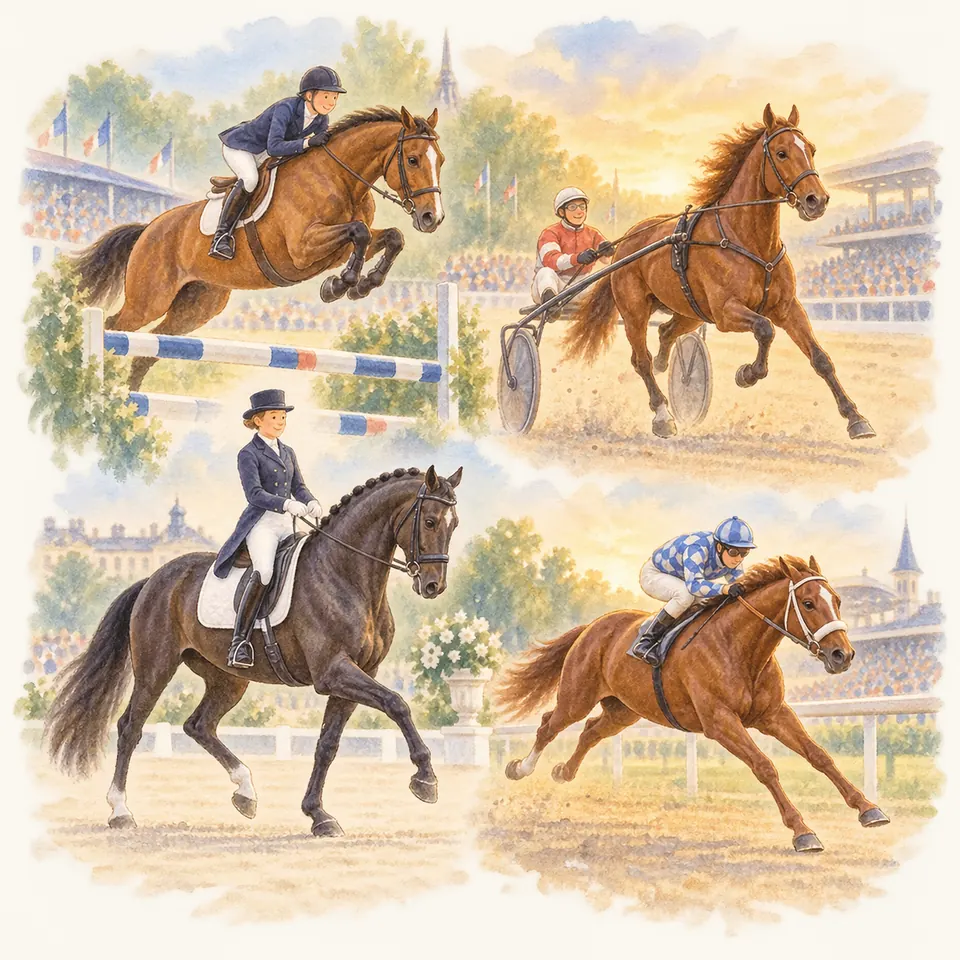 Des chevaux et leurs cavaliers pratiquent le saut d’obstacles, le dressage et la course, tandis qu’un trotteur tire un sulky