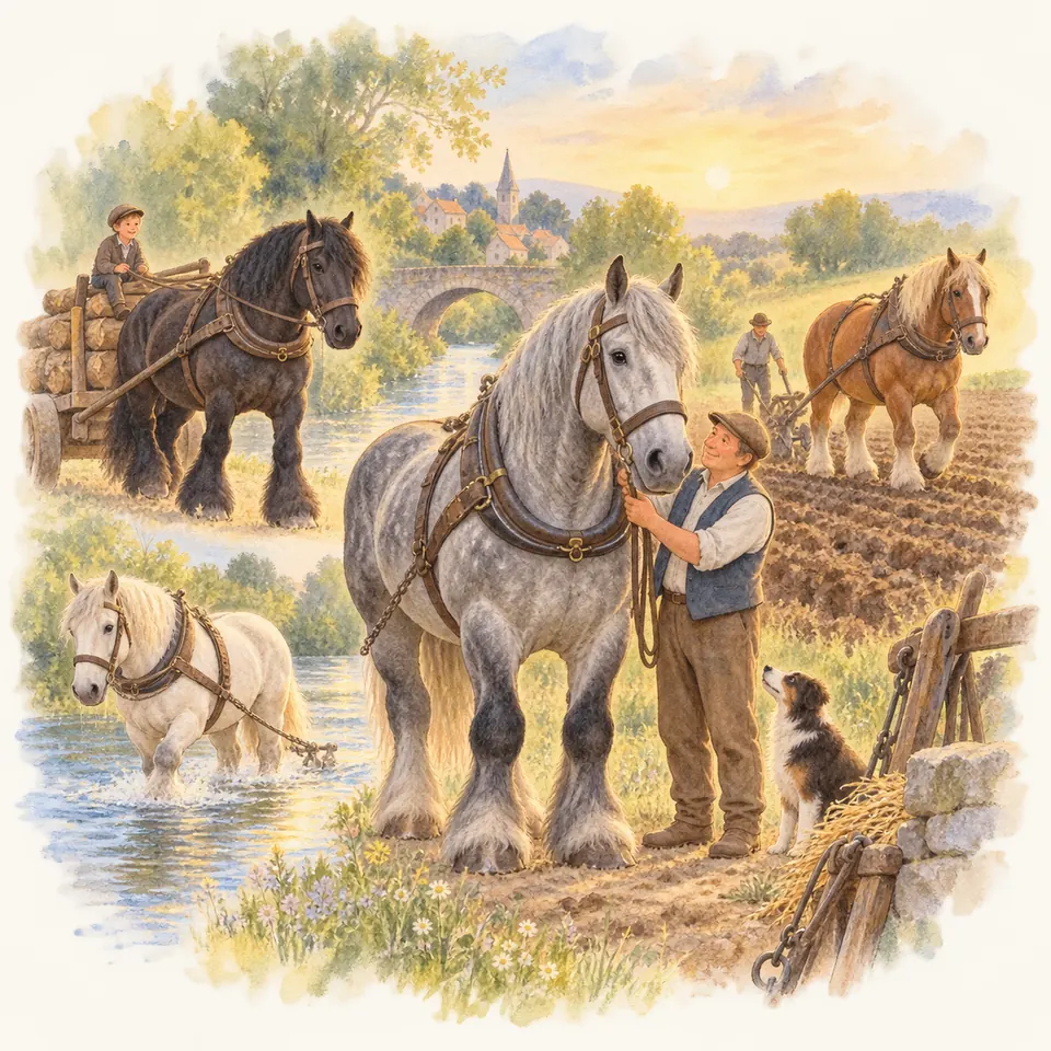 Un homme caresse un cheval de trait gris harnaché, près de chevaux tirant une charrette de bois et une charrue