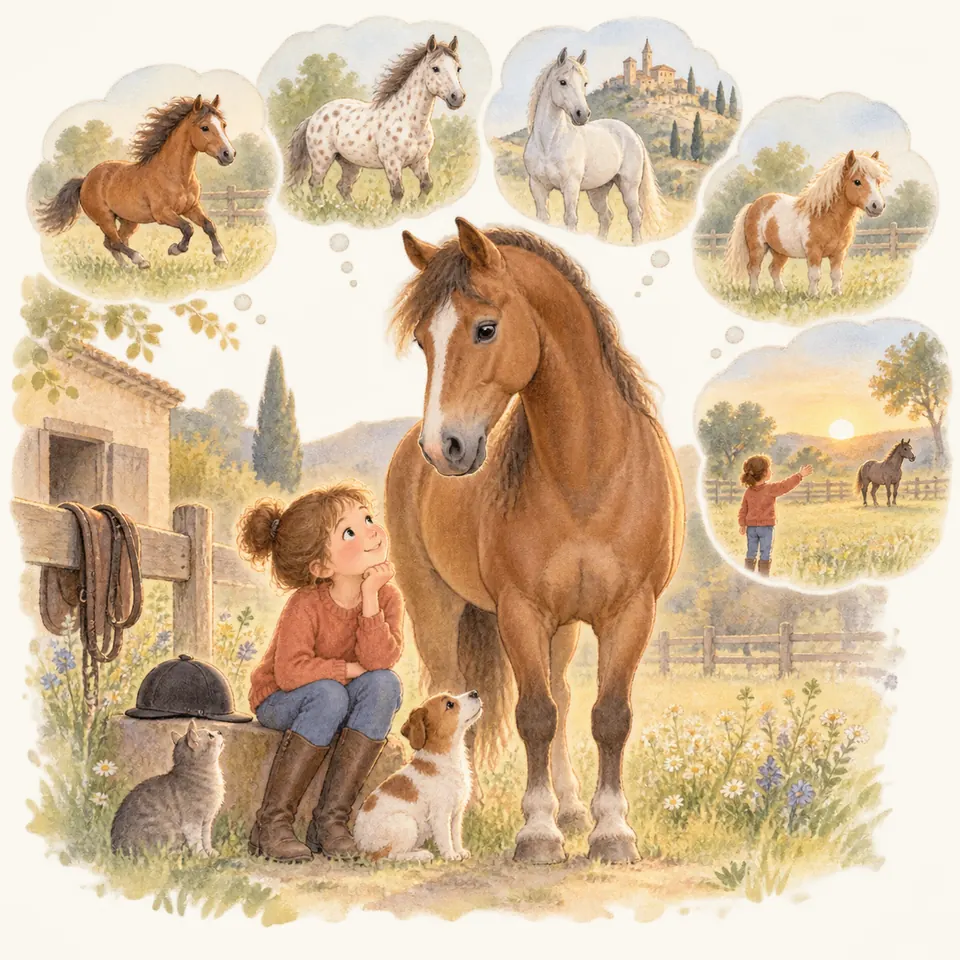 Une enfant assise près d’un cheval alezan dans un pré, avec un chien et un chat, imagine plusieurs chevaux et poneys
