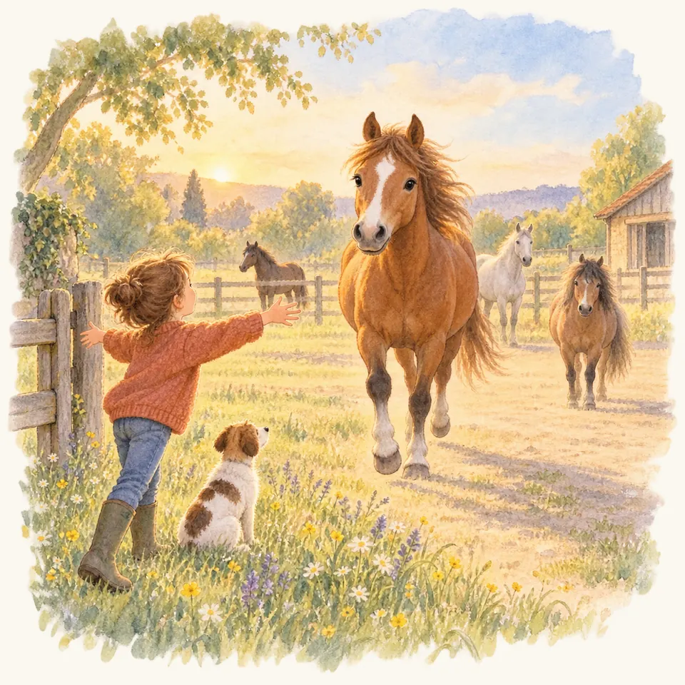 Une enfant tend les bras vers un cheval alezan qui trotte vers elle dans un pré, suivie du regard par un chien