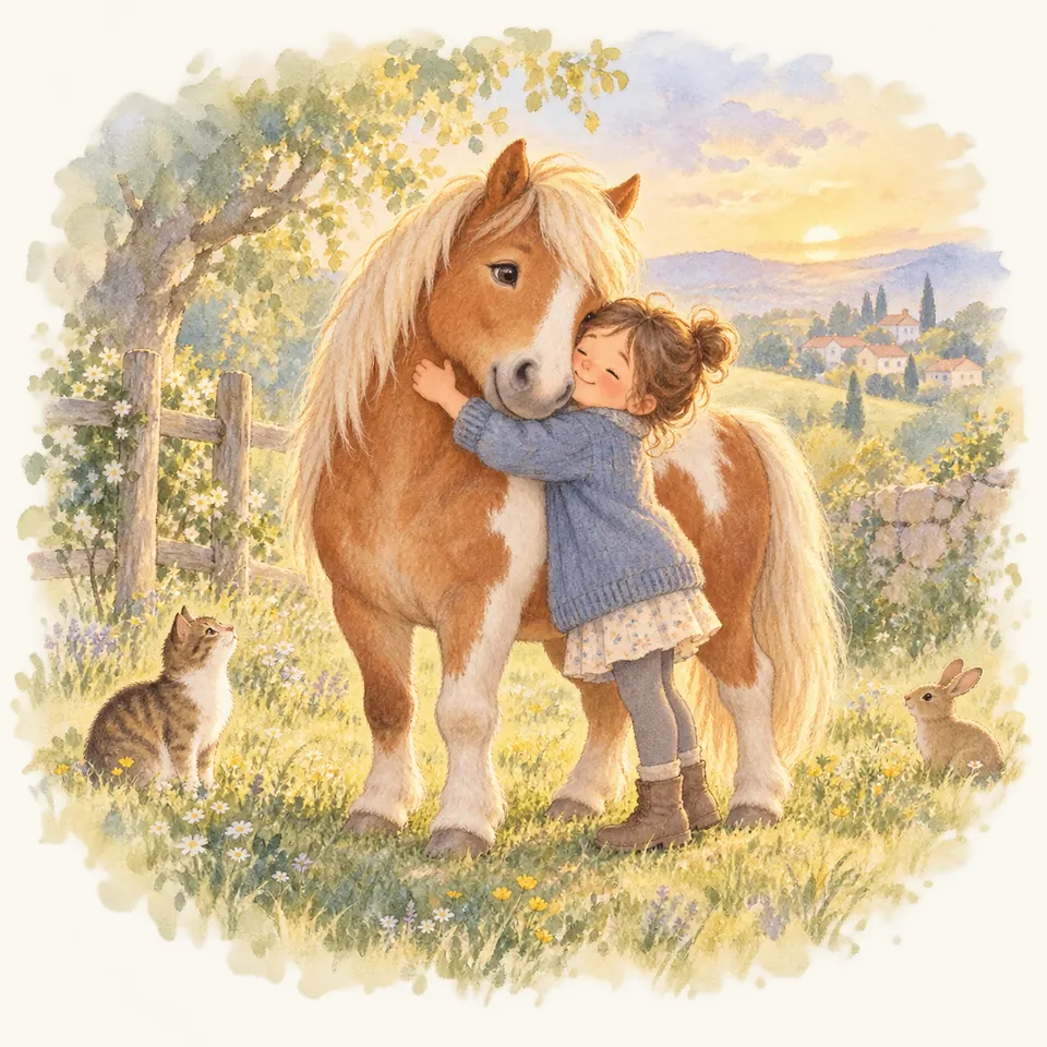 Une enfant enlace l’encolure d’un poney pie alezan à la crinière blonde dans un pré fleuri, près d’un chat et d’un lapin