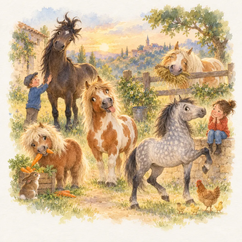 Un poney gris lève un antérieur devant une enfant assise sur un muret, tandis qu’un poney alezan mange une carotte