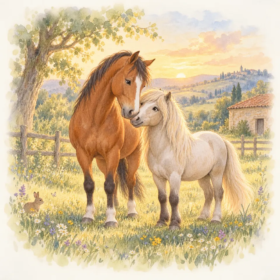Un cheval bai et un poney gris à la longue crinière claire se tiennent museau contre museau dans un pré clôturé
