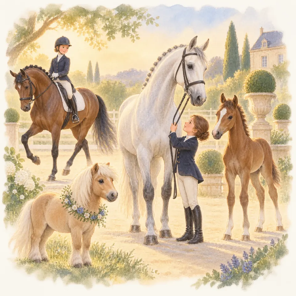 Une enfant tient les rênes d’un cheval gris à la crinière tressée, près d’un poulain et d’une cavalière sur un cheval bai