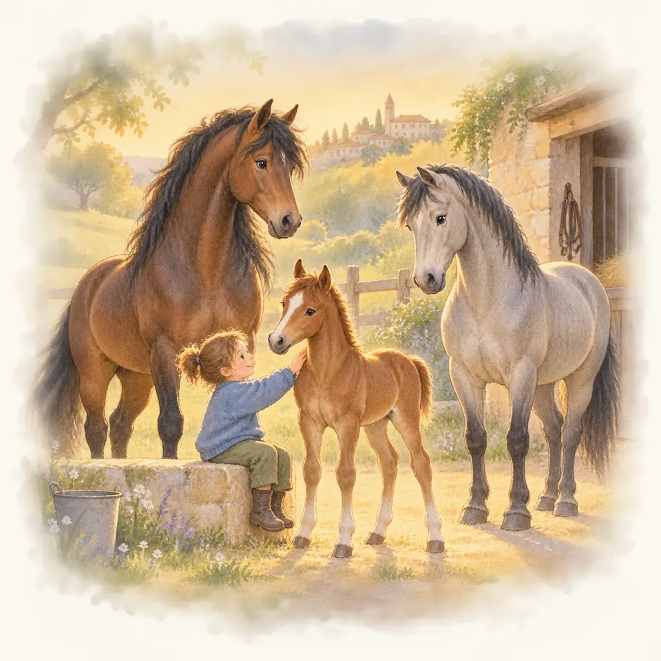 Une enfant assise sur un muret caresse le museau d’un poulain alezan, entre un cheval bai et un cheval gris près d’une écurie