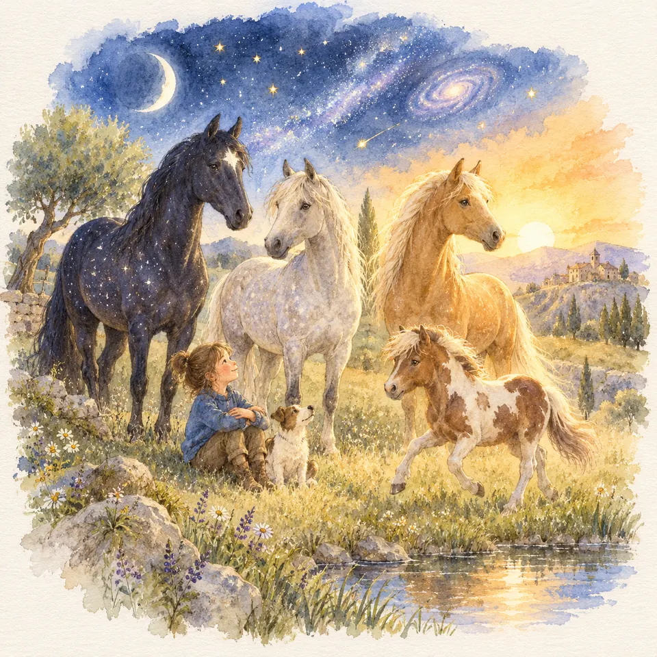 Des chevaux noir, gris et palomino entourent une enfant près d’un ruisseau, sous un ciel étoilé, tandis qu’un poney pie trotte