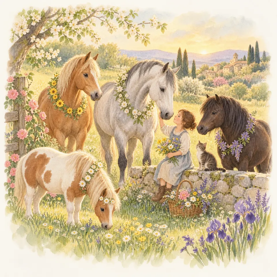 Une enfant caresse un cheval gris entouré d’un cheval alezan et de poneys fleuris, près d’un muret dans un pré