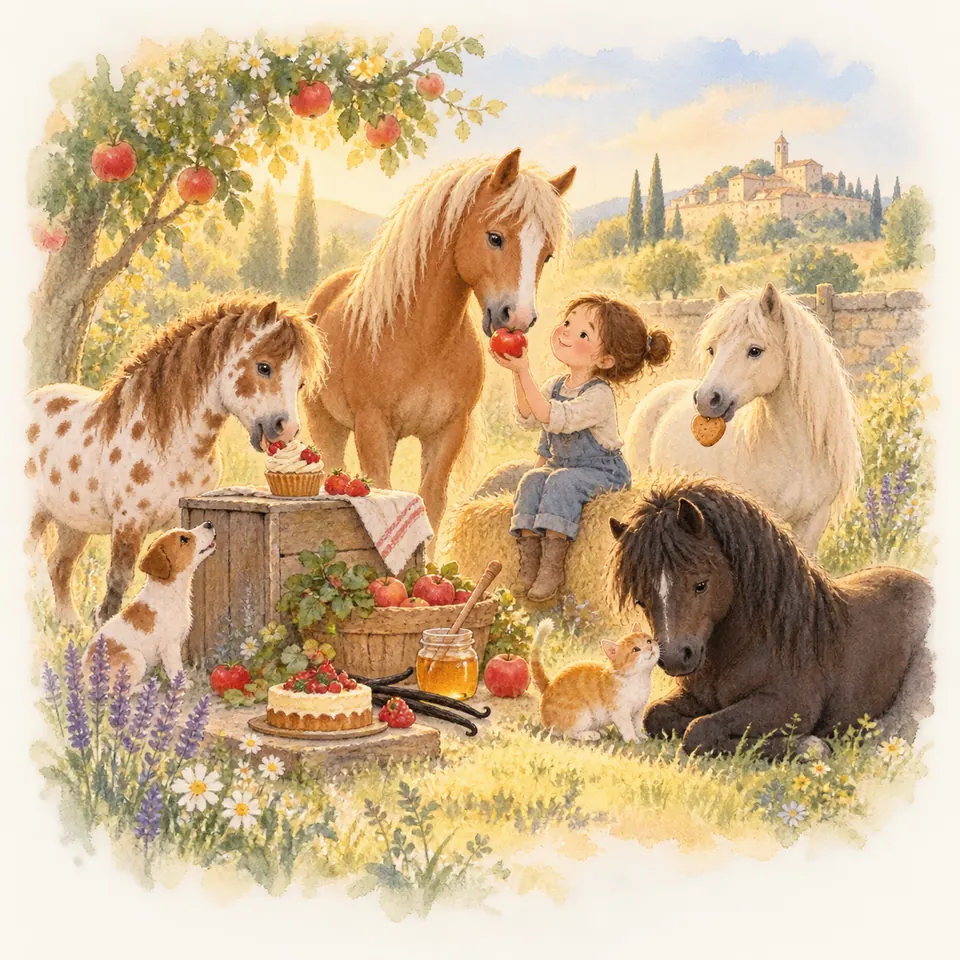 Une enfant tend une pomme à un cheval alezan, entourée de poneys près de paniers de fruits et de gâteaux