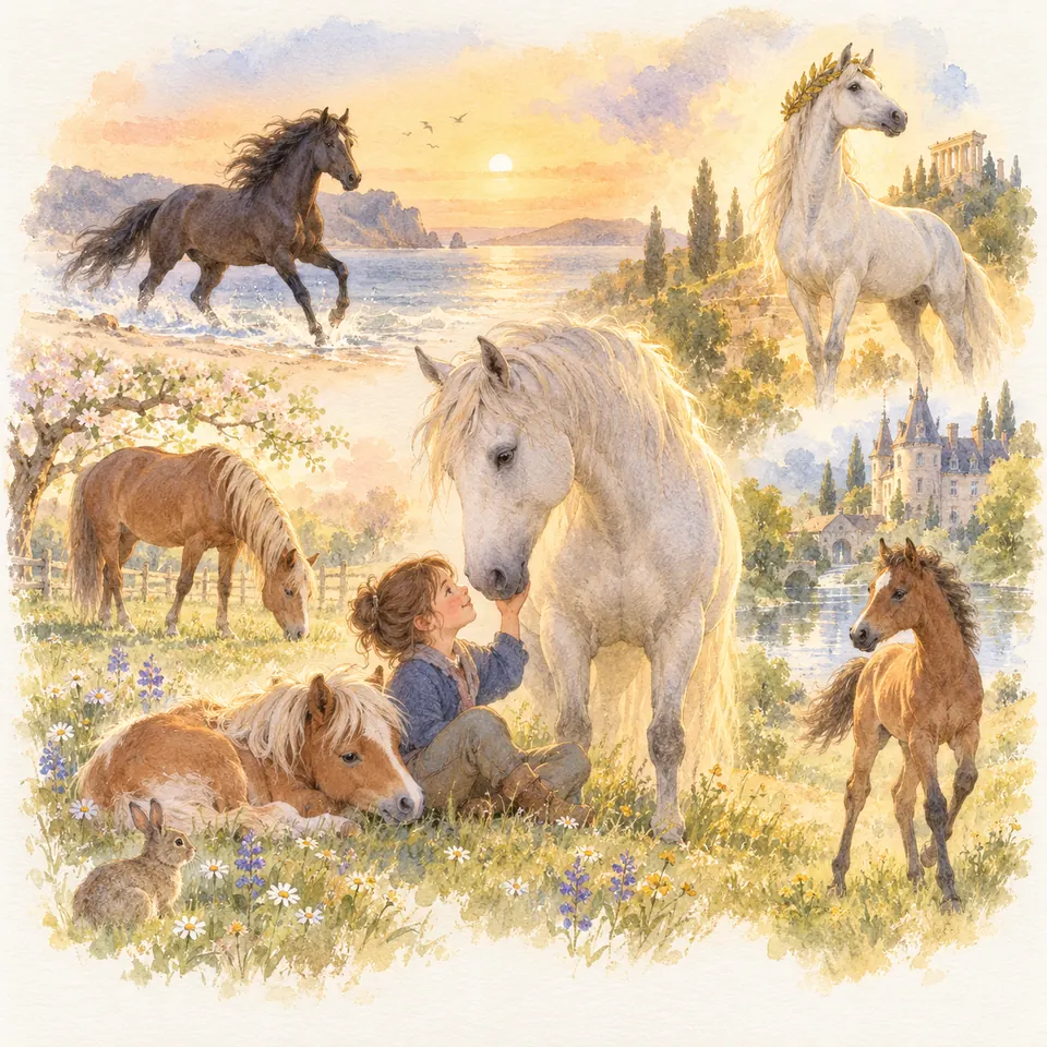 Une enfant assise dans l’herbe caresse un cheval gris, parmi des chevaux au pré, au bord de l’eau et près d’un château
