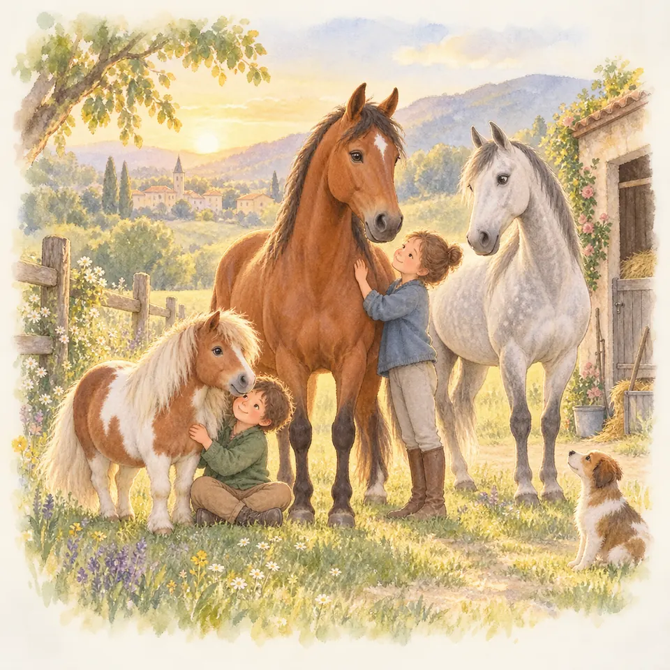 Deux enfants caressent un cheval bai et un poney pie alezan, près d’un cheval gris devant une écurie