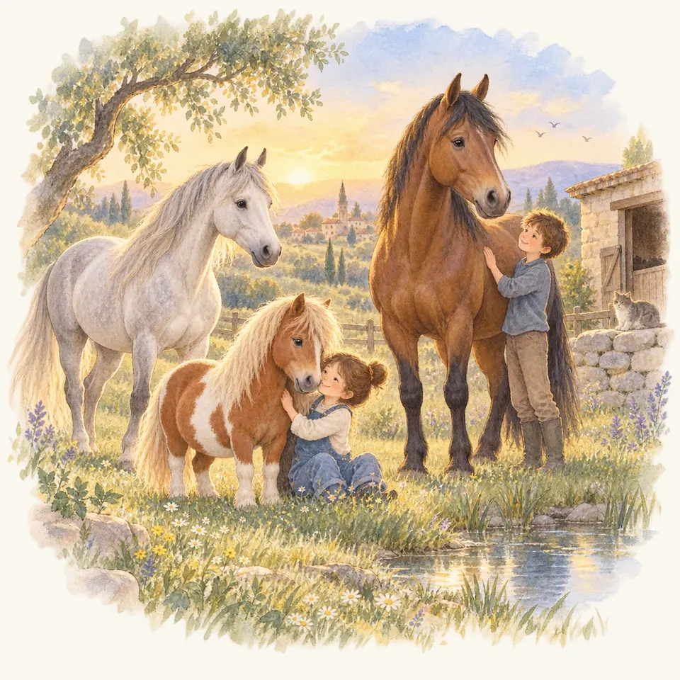 Deux enfants caressent un poney pie alezan et un cheval bai, près d’un cheval gris au bord d’une mare
