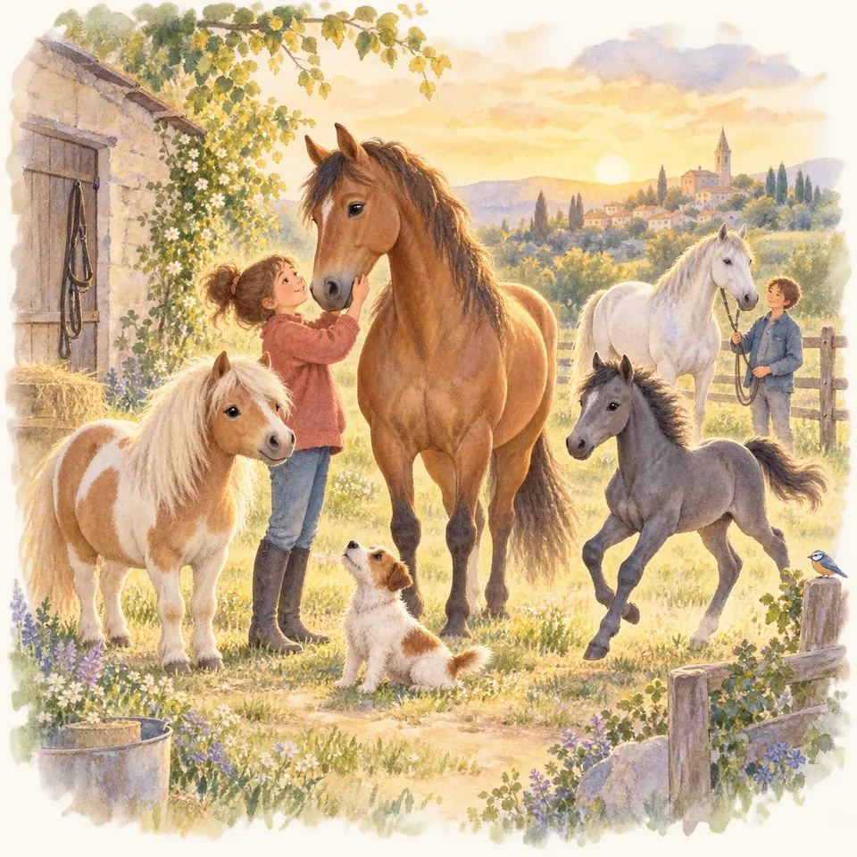 Une enfant caresse un cheval bai près d’un poney pie alezan, tandis qu’un poulain gris trotte devant l’écurie