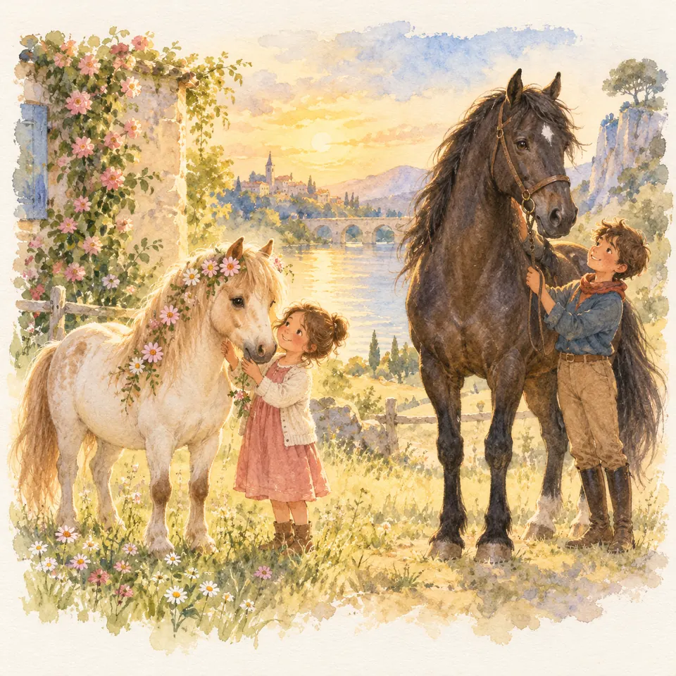 Deux enfants caressent un poney palomino à la crinière fleurie et un cheval noir en licol, dans un pré près d’une rivière
