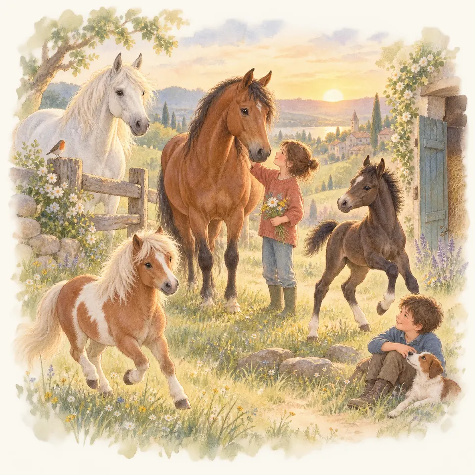 Un enfant caresse un cheval bai dans un pré fleuri, près d’un cheval gris, d’un poney pie et d’un poulain qui trotte