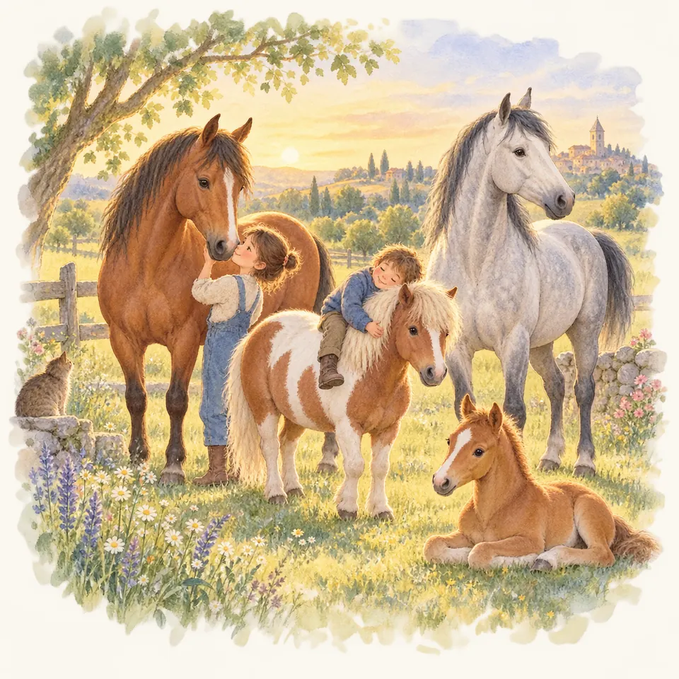 Un enfant caresse un cheval bai tandis qu’un autre se penche sur un poney pie, près d’un cheval gris et d’un poulain couché