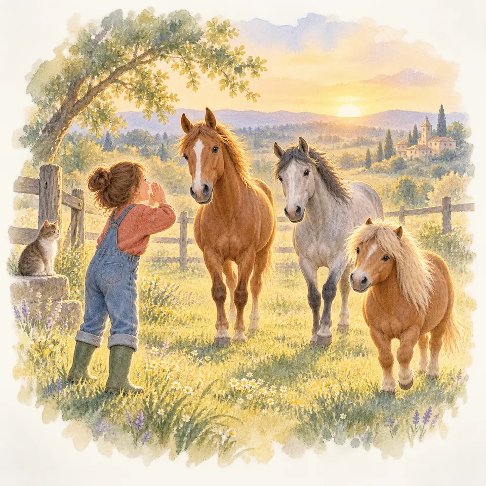 Un enfant porte les mains à sa bouche face à un cheval alezan, un cheval gris et un poney palomino dans un pré fleuri