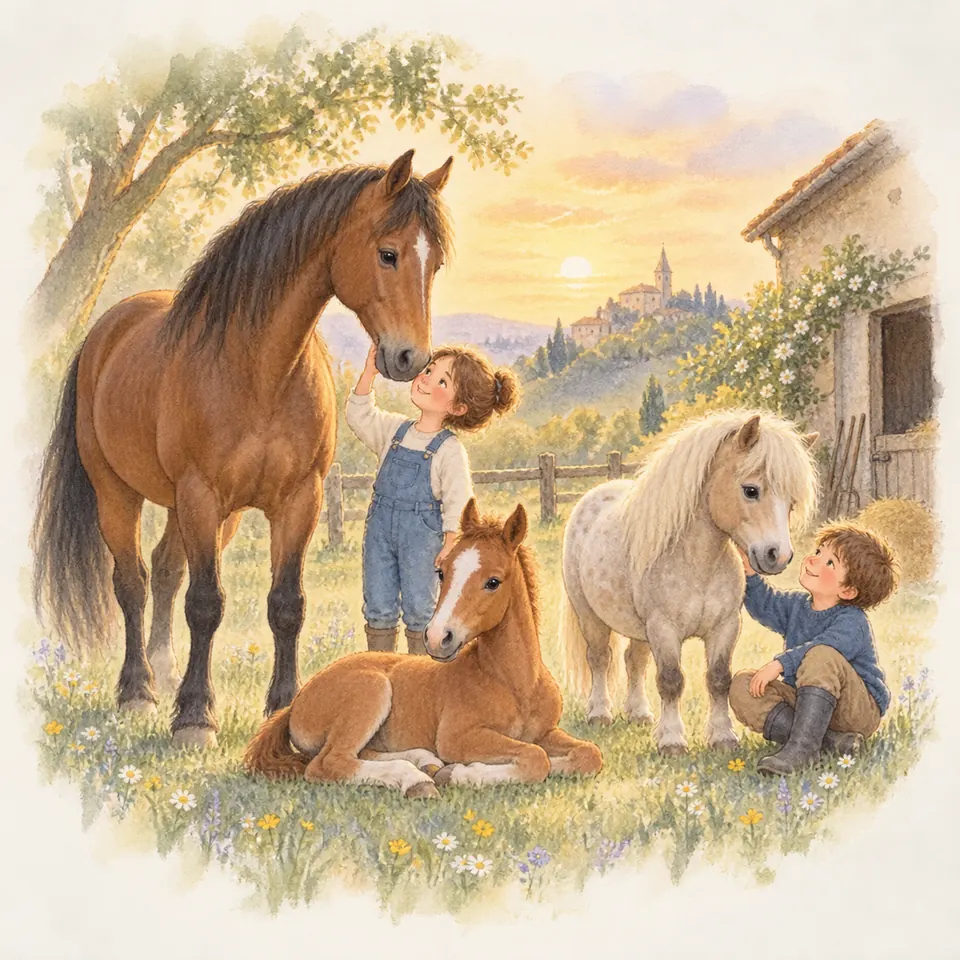 Deux enfants caressent un cheval bai et un poney gris près d’une écurie, tandis qu’un poulain alezan repose dans l’herbe