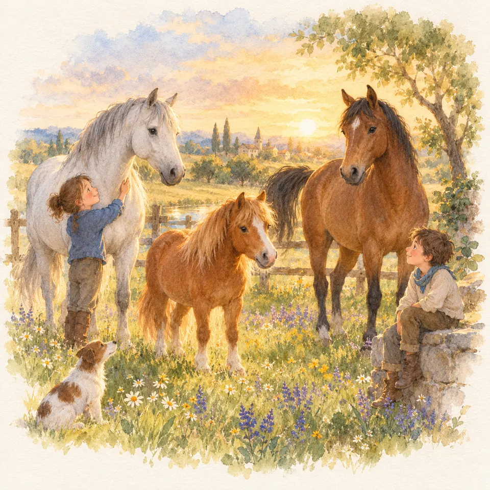 Un enfant caresse un cheval gris près d’un poney alezan et d’un cheval bai, tandis qu’un autre enfant est assis sur un muret