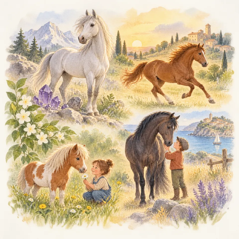 Un cheval gris se tient près de rochers, un alezan galope et deux enfants approchent un poney pie et un cheval noir