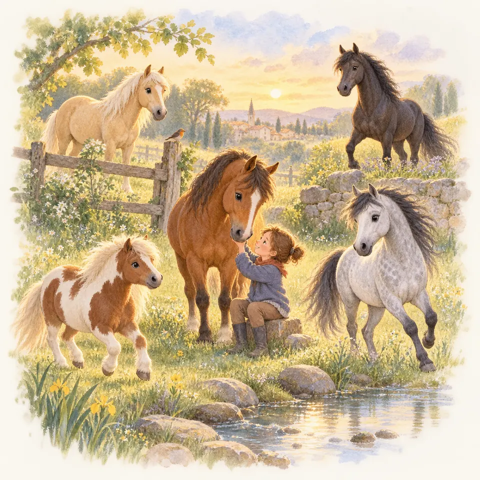 Un enfant assis caresse un cheval bai près d’un ruisseau, entouré d’un poney pie et de chevaux gris, noir et palomino