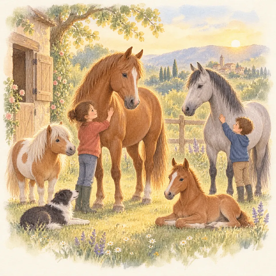 Deux enfants caressent un cheval alezan et un cheval gris près d’une écurie, avec un poney pie et un poulain alezan couché