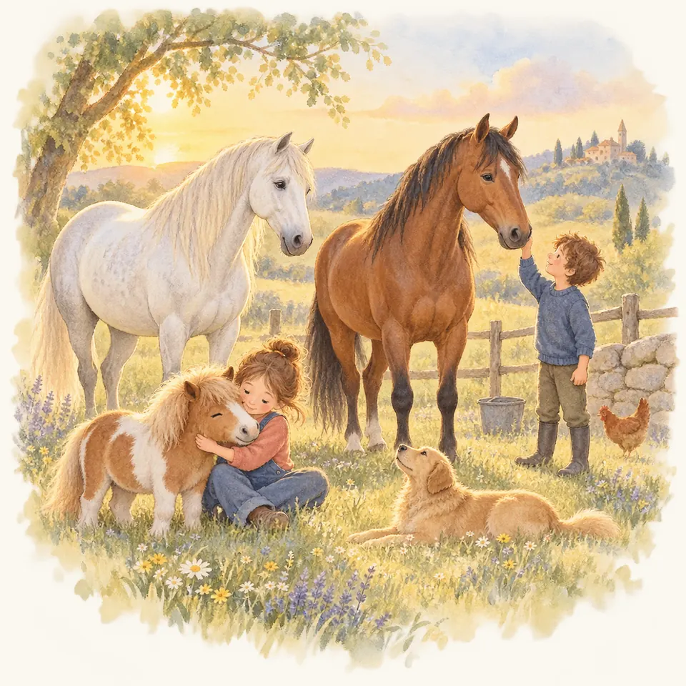 Deux enfants caressent un cheval bai et un poney pie alezan dans un pré fleuri, près d’un cheval gris et d’un chien couché