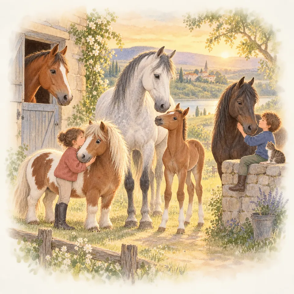 Un cheval gris et un poulain alezan se tiennent devant l’écurie, tandis que deux enfants caressent un poney pie et un cheval