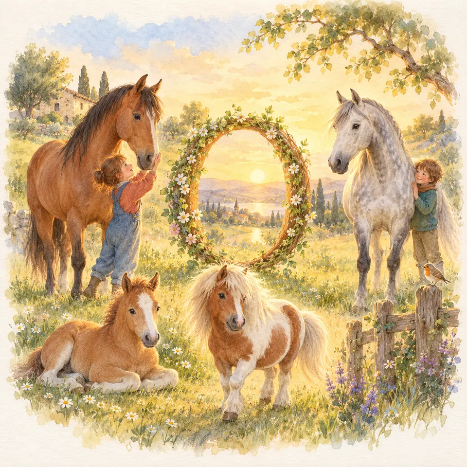 Deux enfants caressent un cheval bai et un cheval gris près d’une arche ovale fleurie, avec un poney pie et un poulain couché