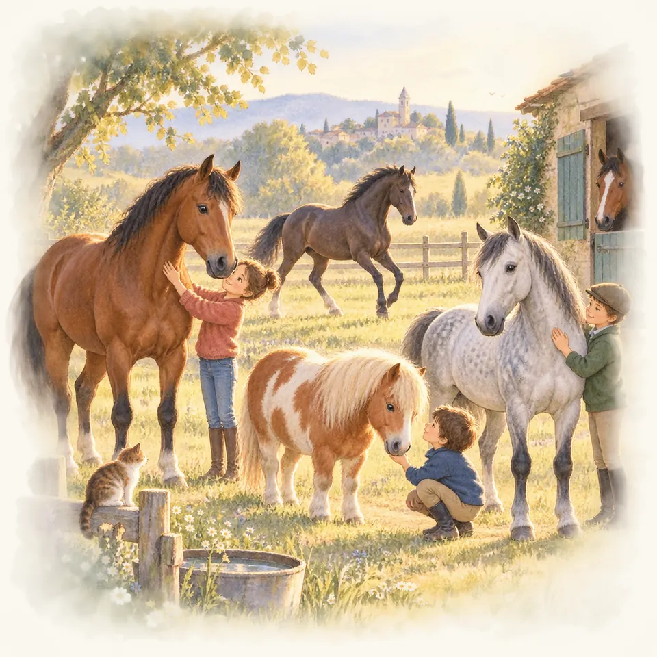 Trois enfants caressent un cheval bai, un poney pie alezan et un cheval gris devant l’écurie, tandis qu’un cheval trotte au fond