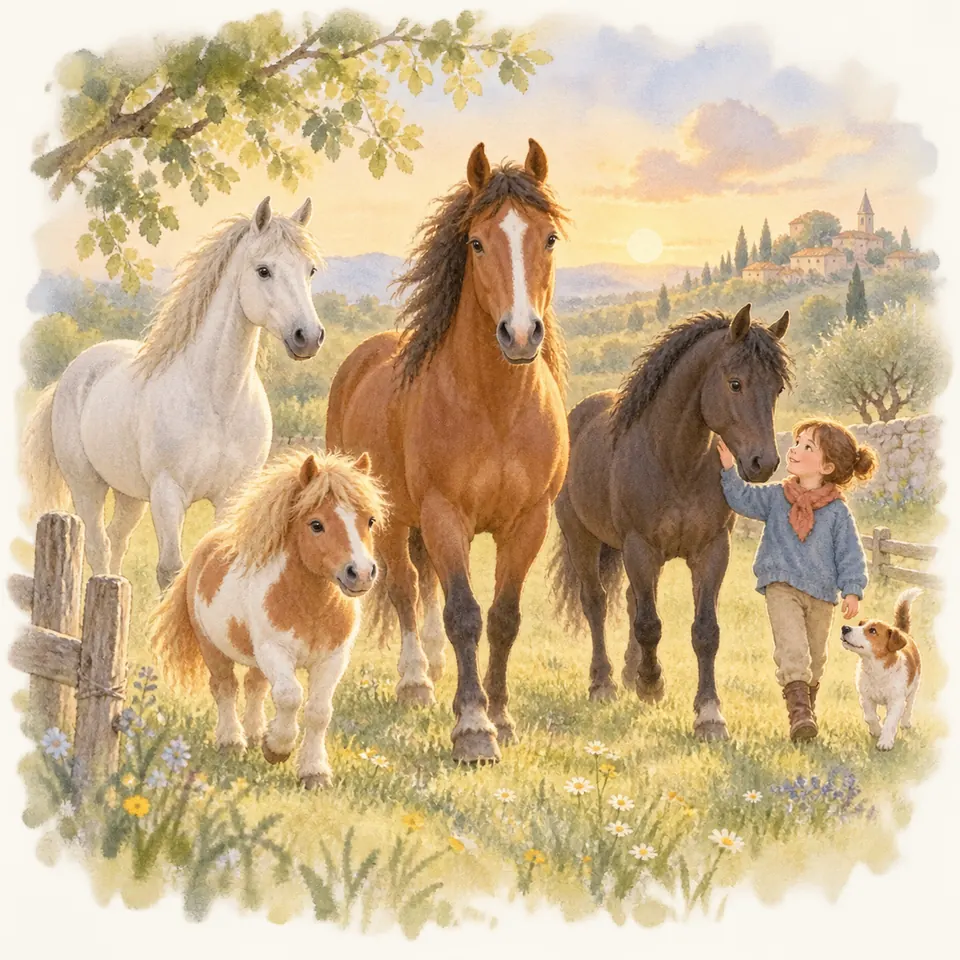 Une enfant marche auprès d’un cheval noir dans un pré fleuri, avec un cheval bai, un cheval gris, un poney pie et un chien