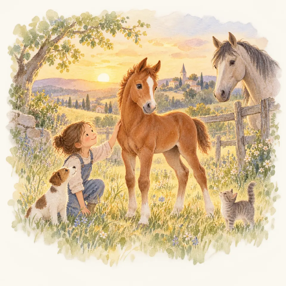 Une enfant accroupie caresse l’encolure d’un poulain alezan dans un pré, près d’un cheval gris derrière une clôture