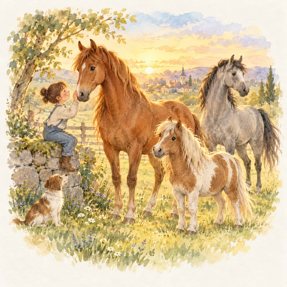 Une enfant assise sur un muret tend la main vers un cheval alezan, près d’un poney pie alezan et d’un cheval gris dans un pré