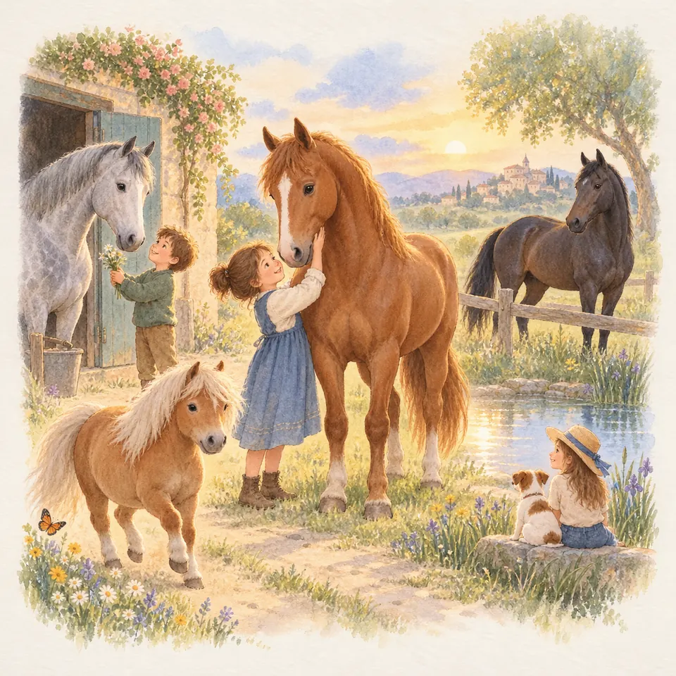 Une enfant caresse un cheval alezan près d’une mare, avec un poney aux crins clairs et un cheval gris à la porte de l’écurie