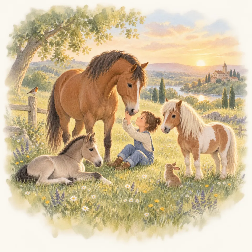 Un enfant assis dans un pré caresse le museau d’un cheval bai, près d’un poulain couché et d’un poney pie alezan