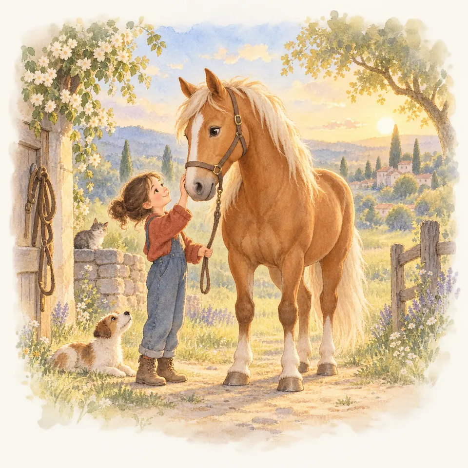Une enfant tient la longe d’un cheval palomino et lui caresse le museau, près d’un chien devant une écurie