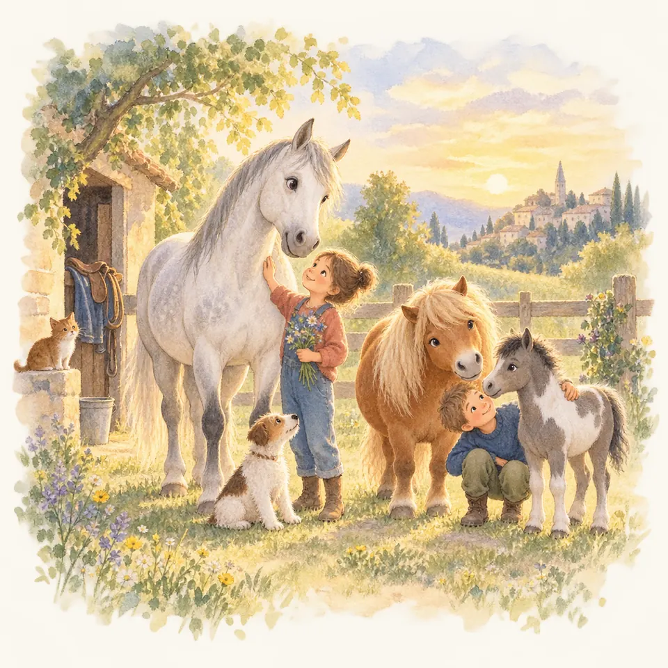 Deux enfants caressent un cheval gris et un petit poney pie, près d’un poney alezan devant une clôture en bois
