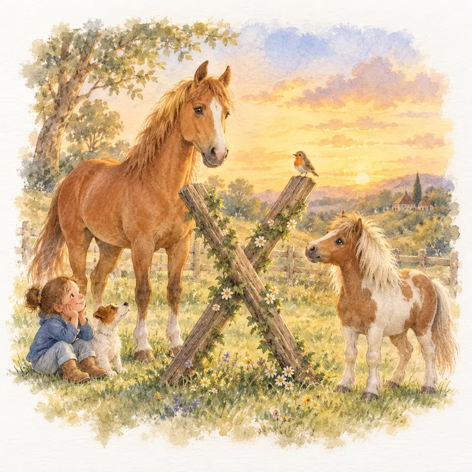 Un cheval alezan et un poney pie alezan se tiennent près de deux poutres croisées en X, avec un enfant assis dans l’herbe