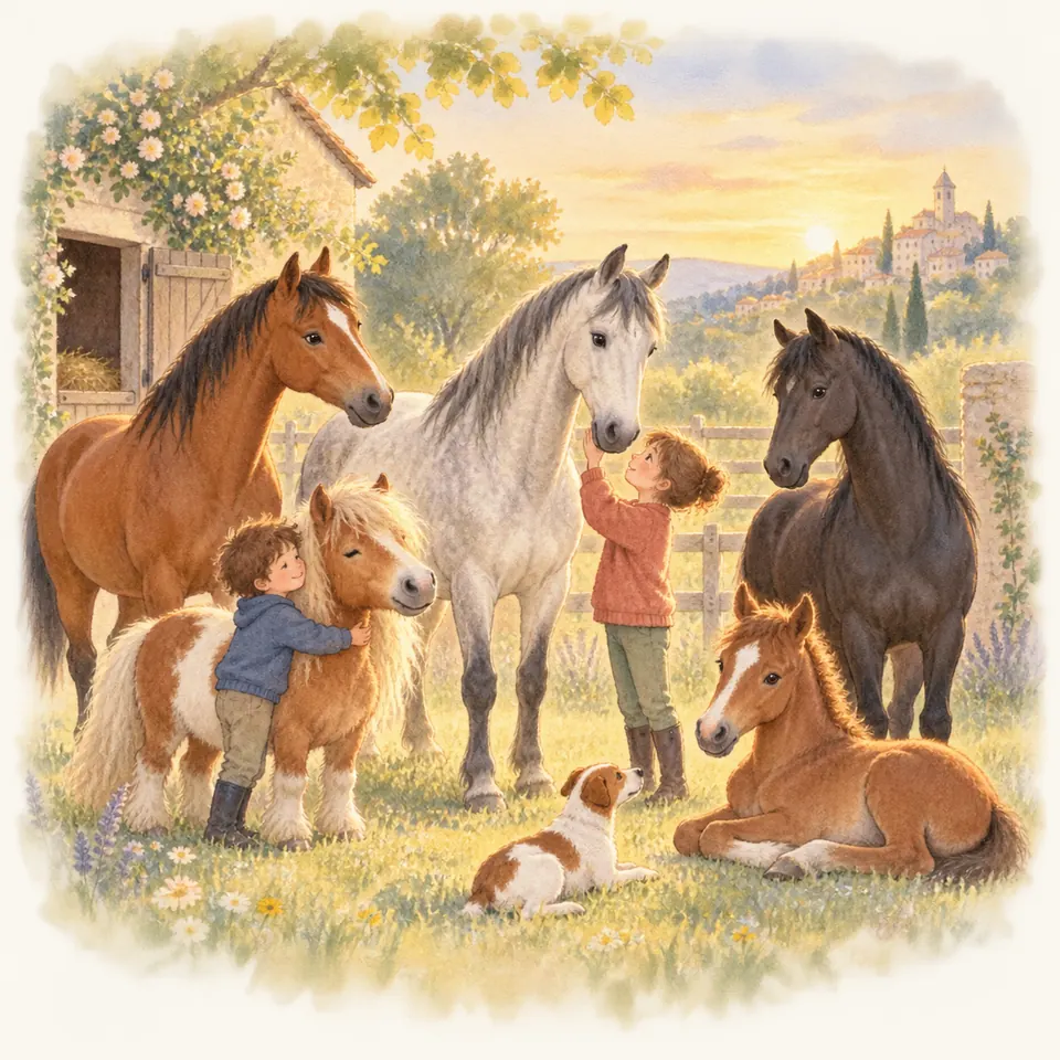 Deux enfants caressent un poney pie alezan et un cheval gris, entourés de chevaux bai et noir et d’un poulain couché